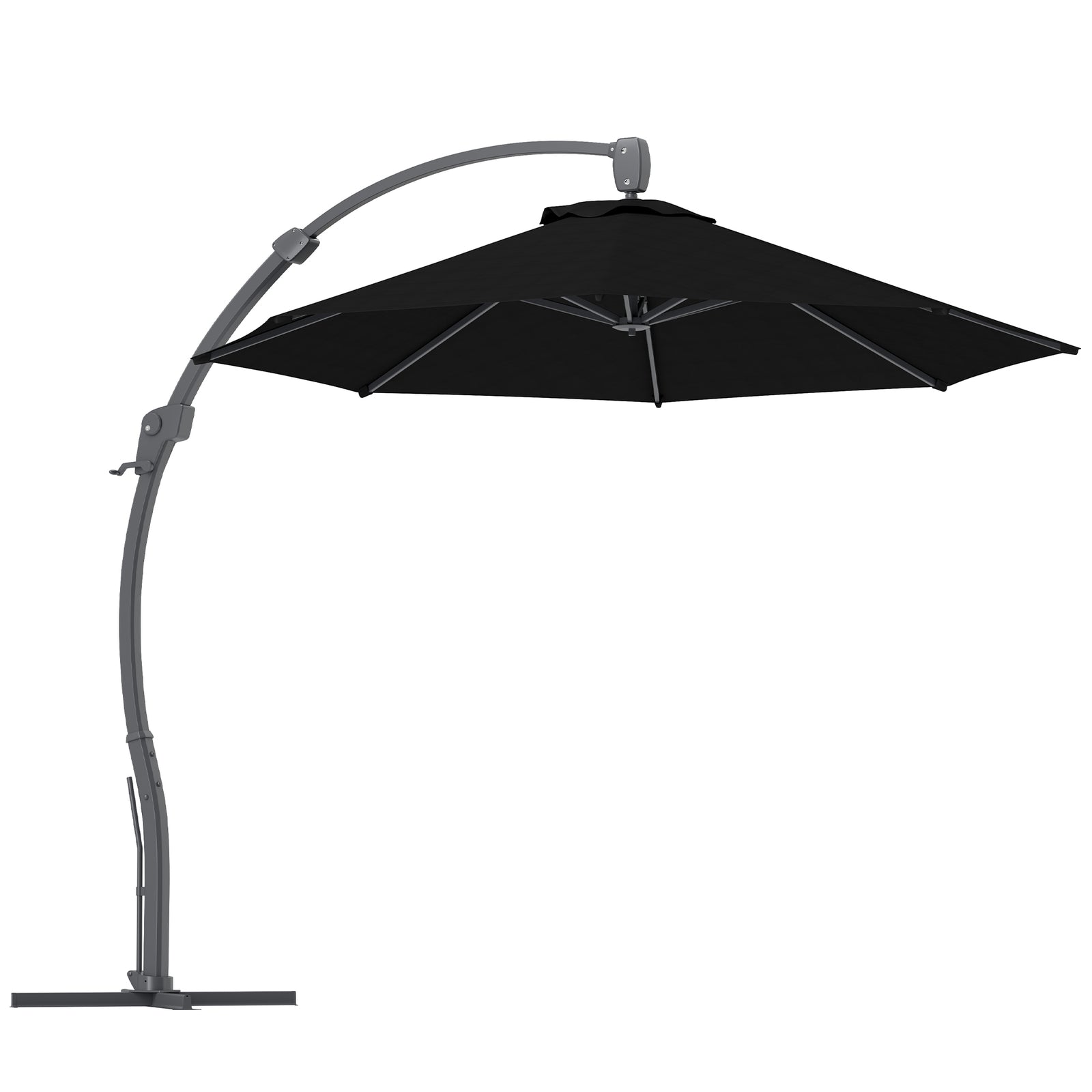 3(m) Garden Cantilever Parasol, Round Overhanging Umbrella with Crank Handle, Cross Base, Aluminium Frame and 360° Rotation, Banana Patio Umbrella for Outdoor Sun Shade, Black