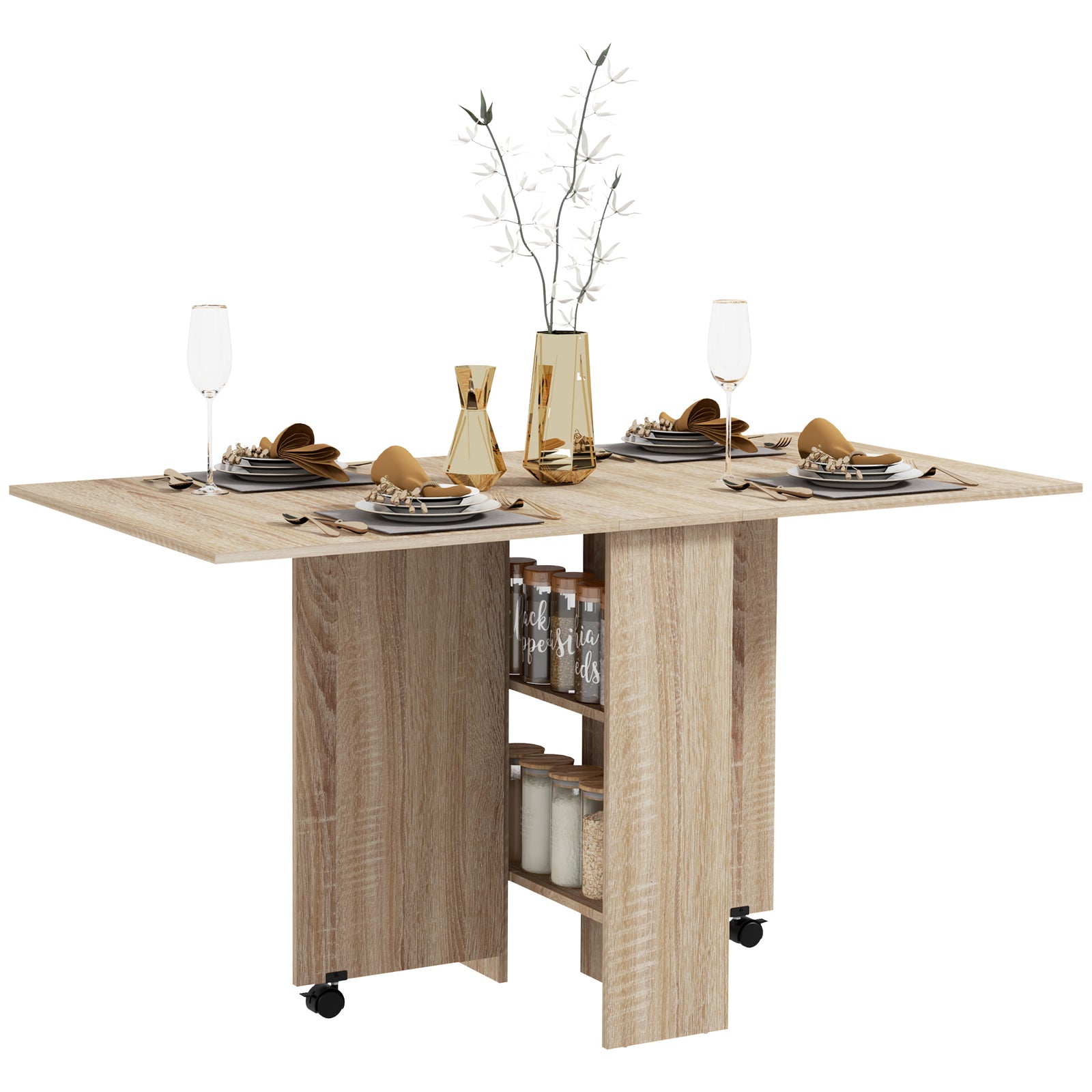 Folding Dining Table, Drop Leaf Table for Small Spaces with 2-tier Shelves, Small Kitchen Table with Rolling Casters, Natural