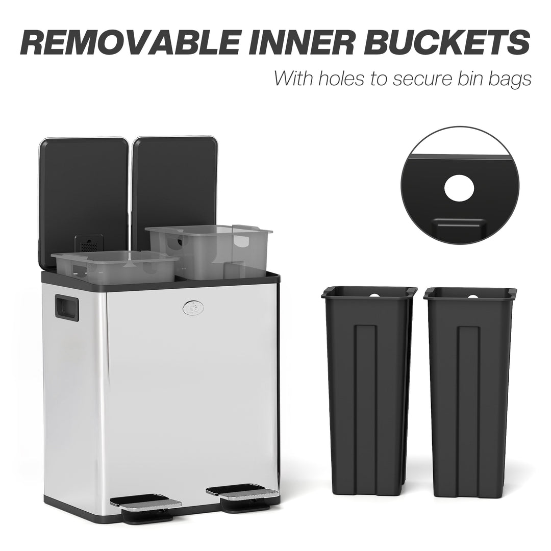 40L Dual Compartment Stainless Steel Bin, with Deodoriser Holders - Silver Tone
