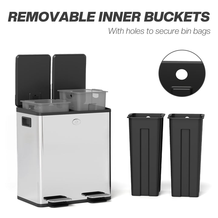 40L Dual Compartment Stainless Steel Bin, with Deodoriser Holders - Silver Tone