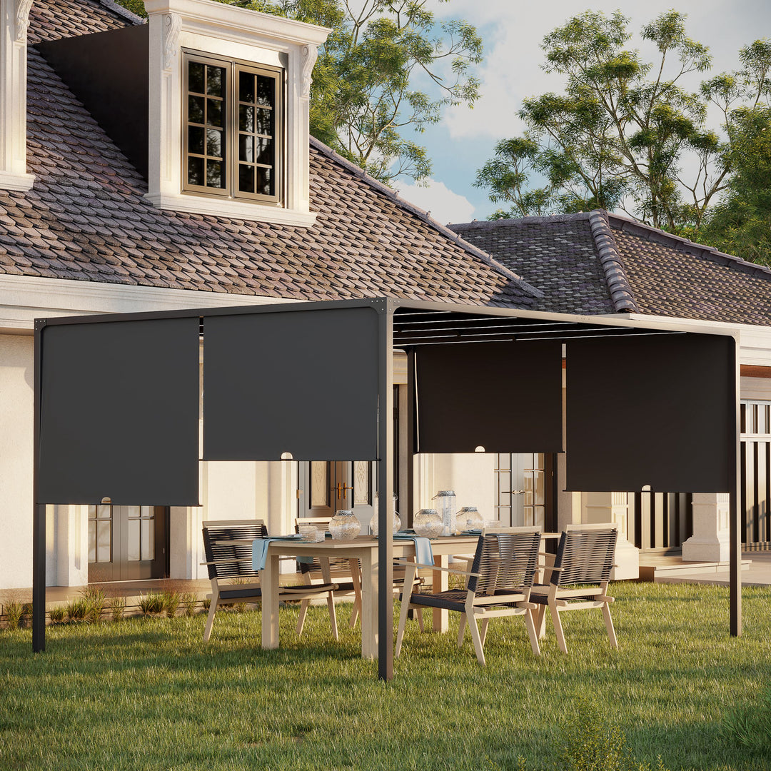 3(m) x 4m Metal Pergola with LED Lights, Outdoor Garden Pergola with Sliding Roof, Solar Powered, for BBQ, Lawn, Dark Grey