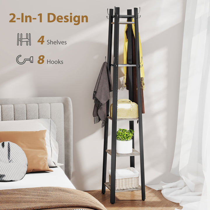 Industrial Coat Stand with 8 Hooks and 4 Shelves - Grey