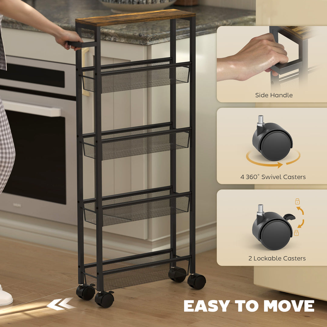 Slim Storage Trolley, 5-Tier Kitchen Cart on Wheels with Wood-effect Top, Handle for Living Room, Bathroom