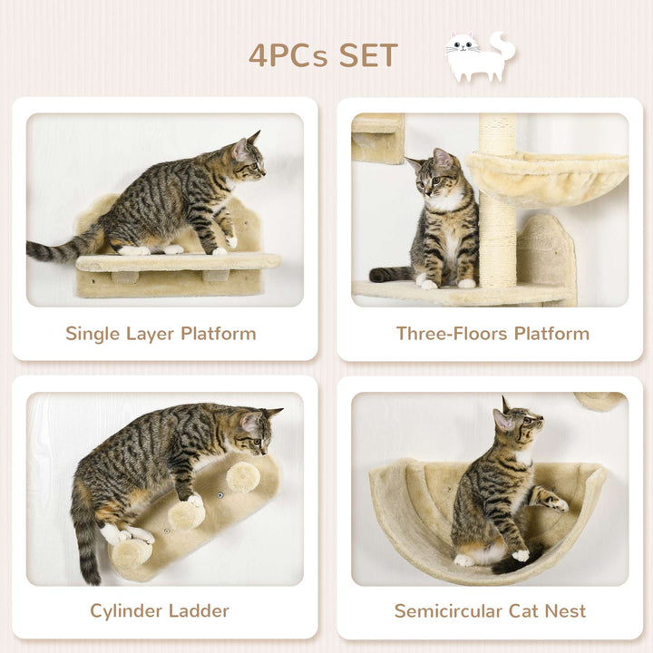 4PCs Wall-Mounted Cat Shelves w/ Scratching Post, Hammock, Nest - Beige