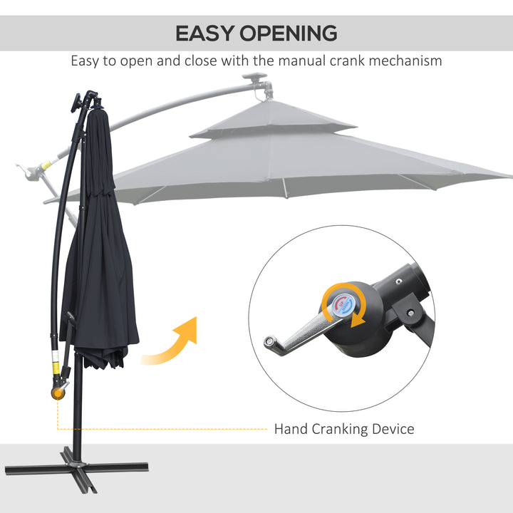 3(m) Cantilever Banana Parasol Hanging Umbrella with LED Solar lights, Crank, 8 Sturdy Ribs and Cross Base for Outdoor, Garden, Patio, Black