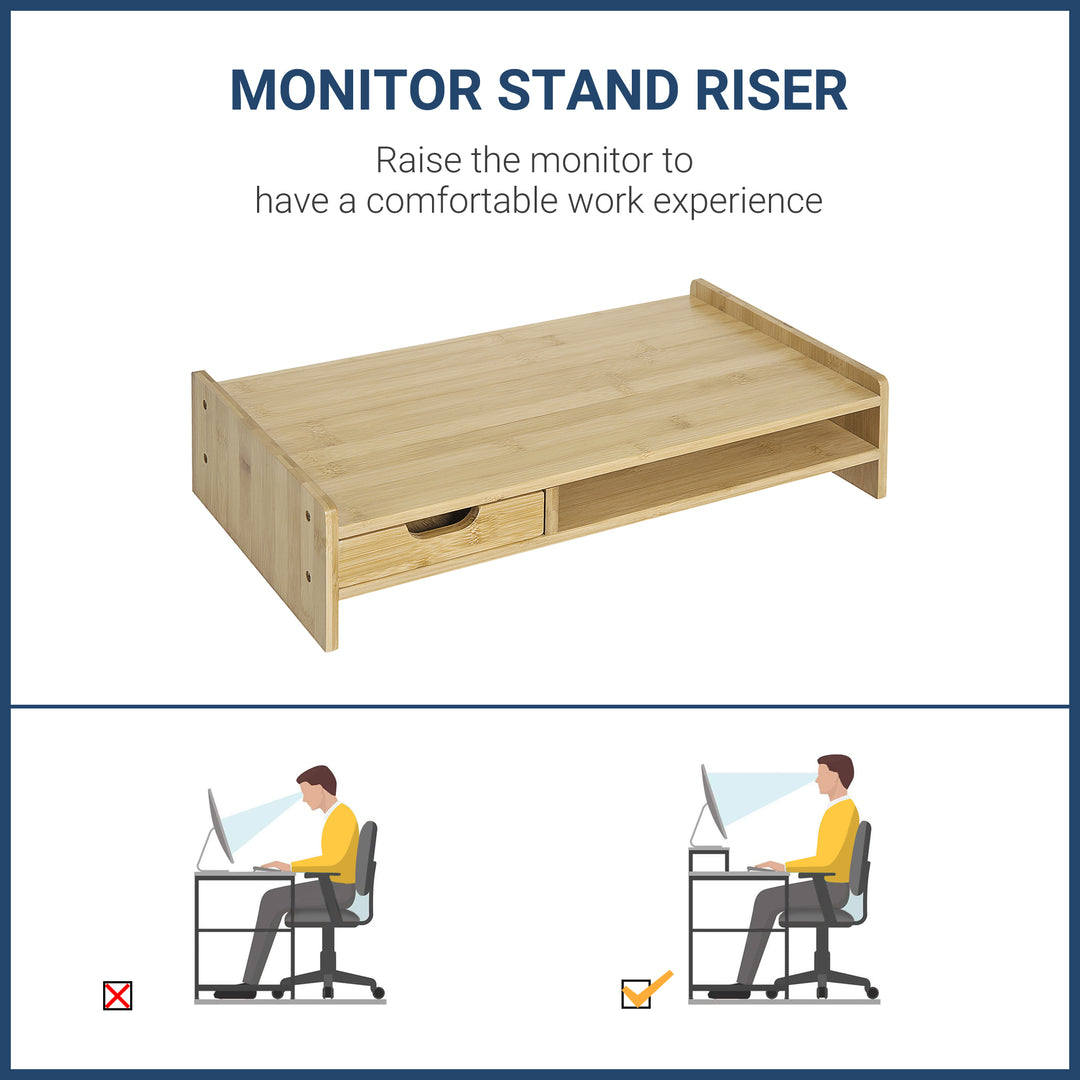 MCL Monitor Riser Laptop PC Plinth Stand TV Computer Desktop Organiser W/ Drawer Bamboo