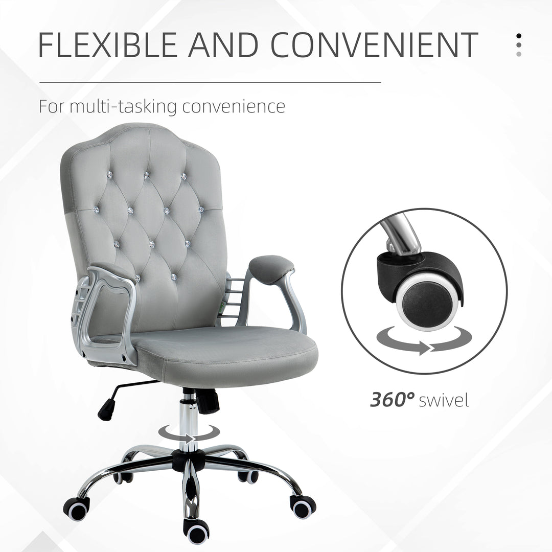 Velvet-Feel Work Chair, with Diamante Back - Grey