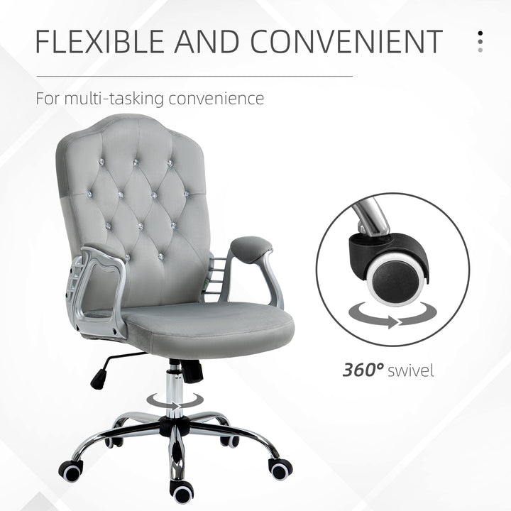 Velvet-Feel Work Chair, with Diamante Back - Grey
