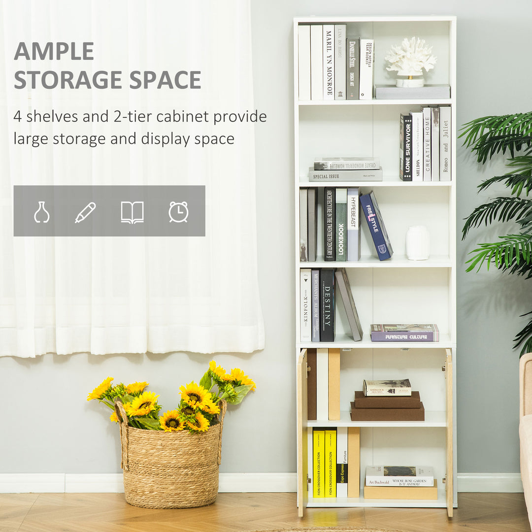 MCL 6-Tier Tall Bookcase, Bookshelf with 4 Open Shelves and Double Door Storage Cabinet, Freestanding Display Rack for Living Room, Bedroom, Home Office, Study, 59 x 29 x 180cm, White and Oak