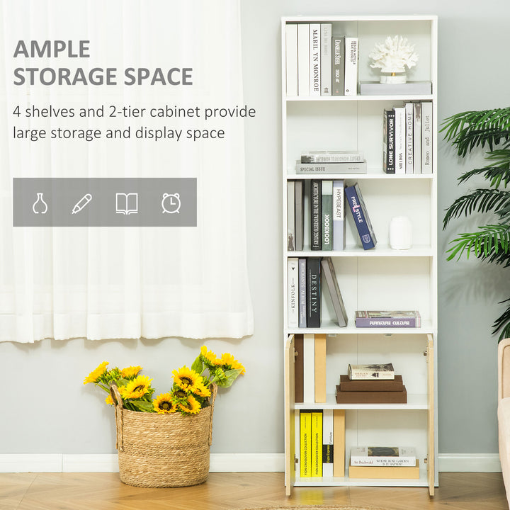 MCL 6-Tier Tall Bookcase, Bookshelf with 4 Open Shelves and Double Door Storage Cabinet, Freestanding Display Rack for Living Room, Bedroom, Home Office, Study, 59 x 29 x 180cm, White and Oak