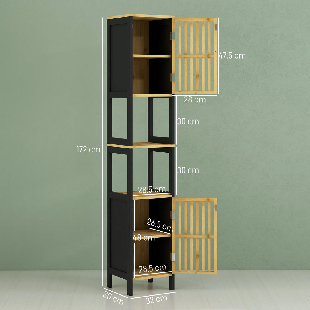 HOMCOM Tall Bathroom Storage Cabinet, Slim Bamboo Bathroom Cabinet with 2 Open Compartments, 2 Slatted Doors and Adjustable Shelves, Black | Aosom UK