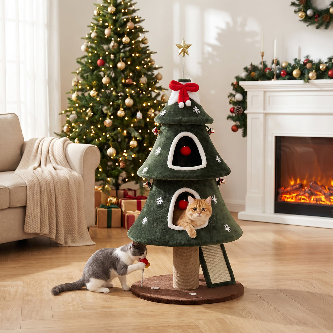 Cat Tree, Christmas Cat Tower with Dual Condos, Sisal Ladder, Jute Pos