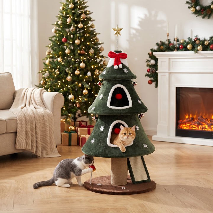 Cat Tree, Christmas Cat Tower with Dual Condos, Sisal Ladder, Jute Pos