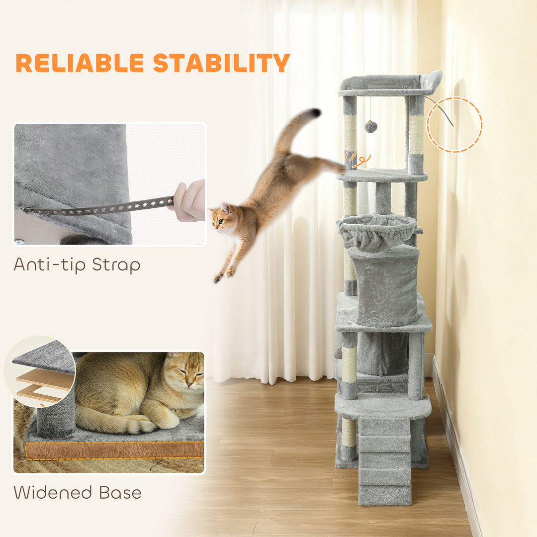 MCL 170 cm Large Cat Tree, Cat Tower with 7 Scratching Posts, Tunnel, 2 Condos, Hammock, Perch, Ramp, Pompoms, Light Grey