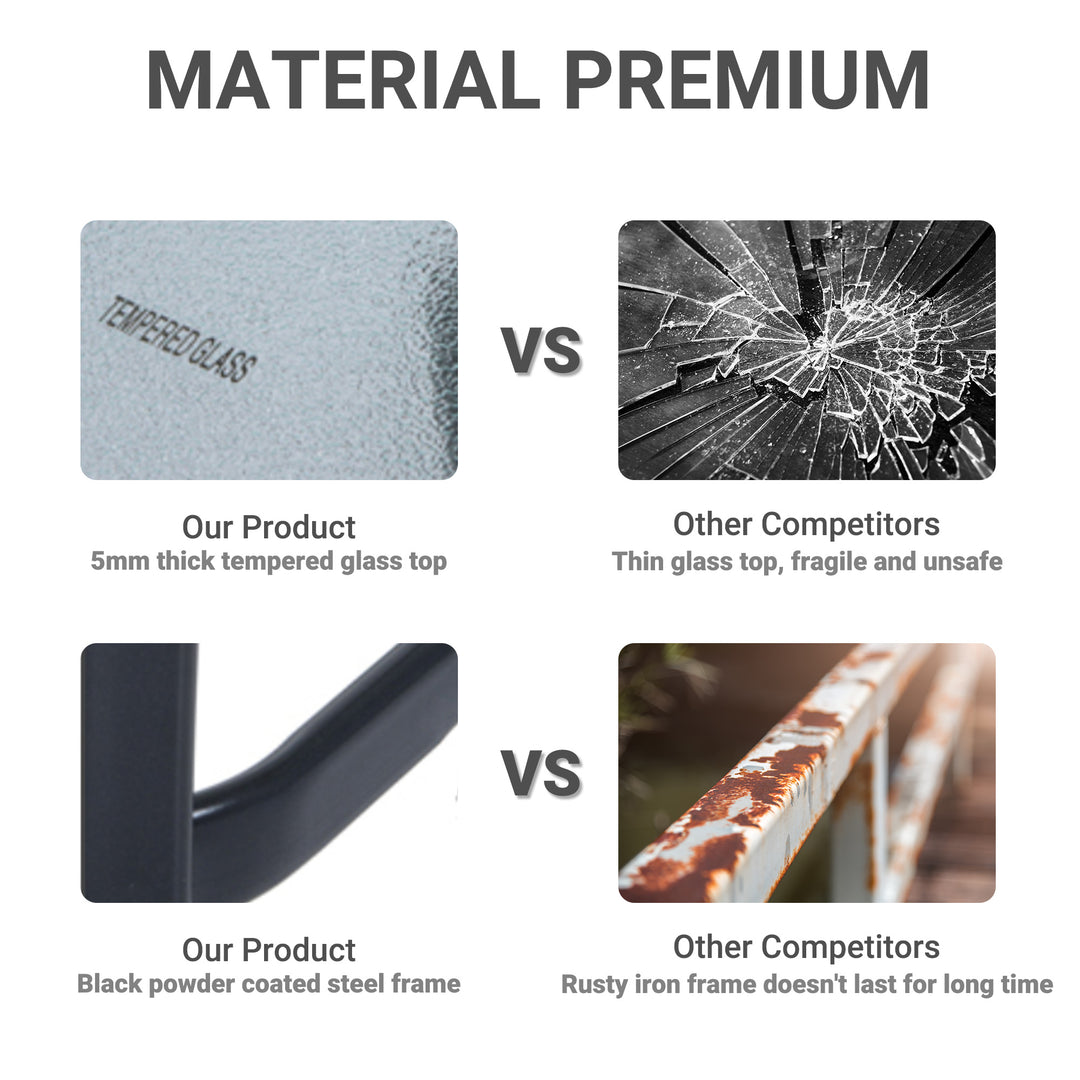 MCL Square Garden Table, Outdoor Coffee Table with Tempered Glass Top, Bar Bistro Dining Table, Metal Frame for Patio, Balcony, 68.5 x 68.5 x 84cm