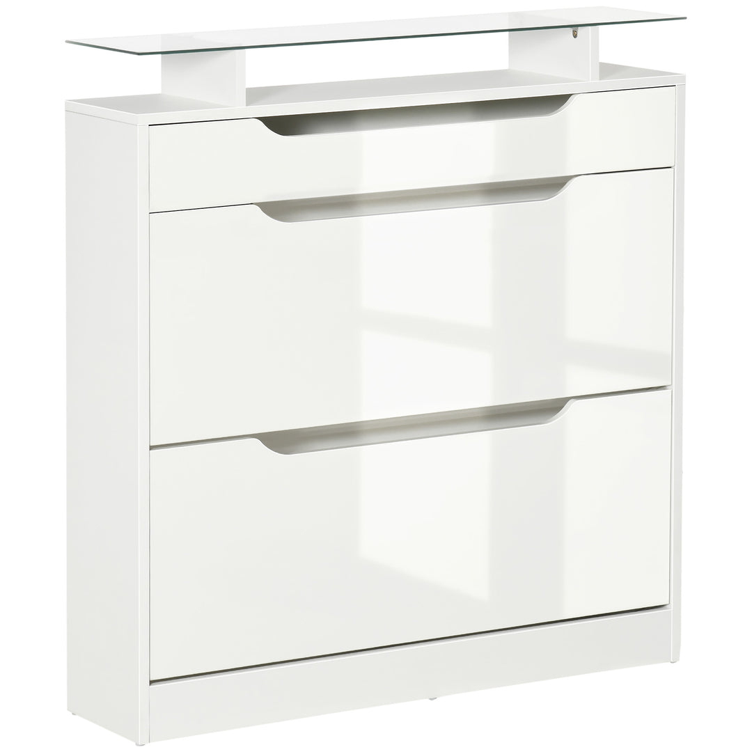 Shoe Storage Cabinet with Slide Out Drawer, 2 Flip Doors, Tempered Glass Top - White