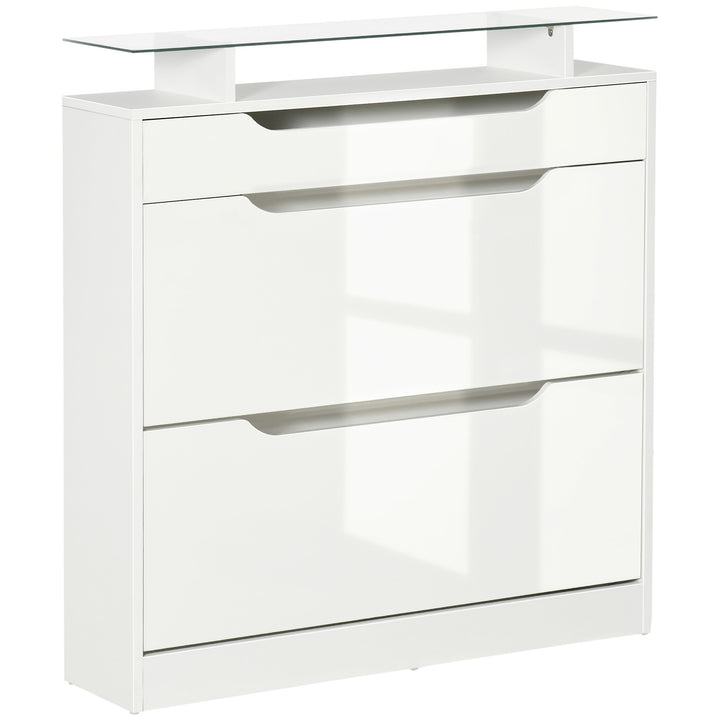 Shoe Storage Cabinet with Slide Out Drawer, 2 Flip Doors, Tempered Glass Top - White