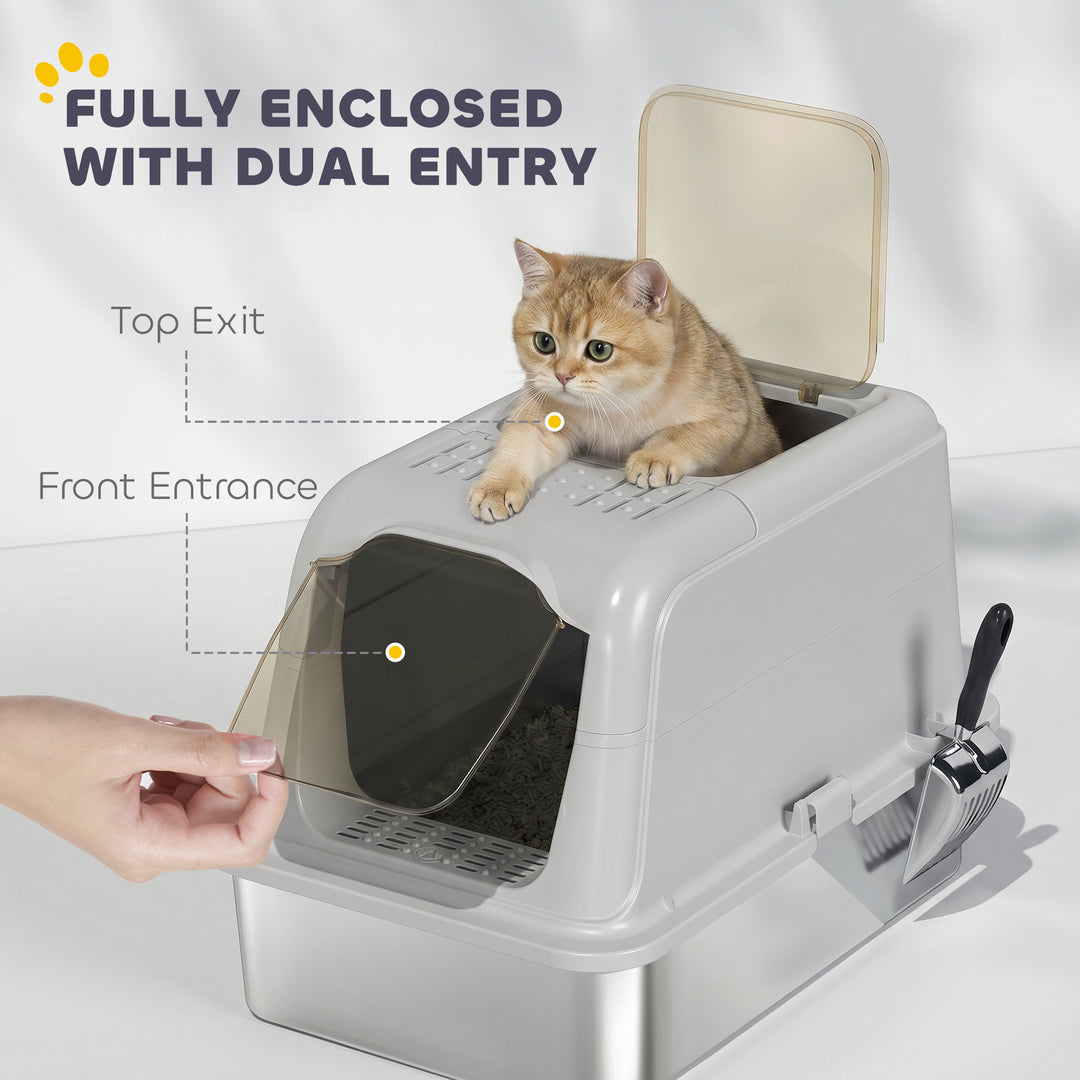 Extra Large Stainless Steel Litter Box, Enclosed Cat Litter Tray with 