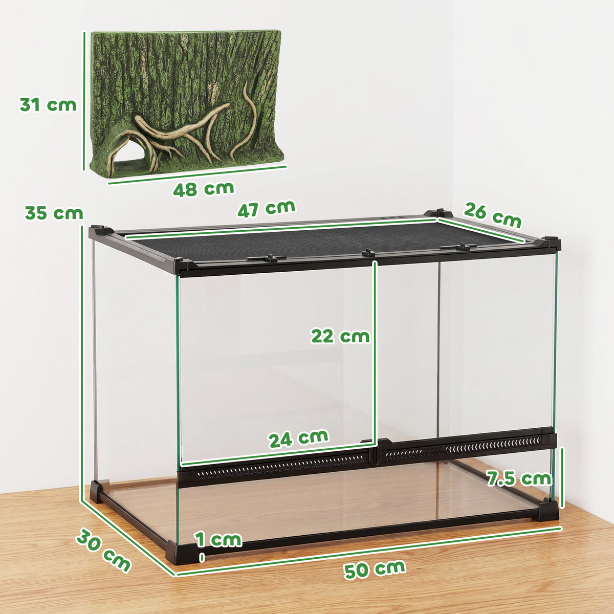 Reptile Glass Terrarium with Stone Background, Front Ventilation, Esca