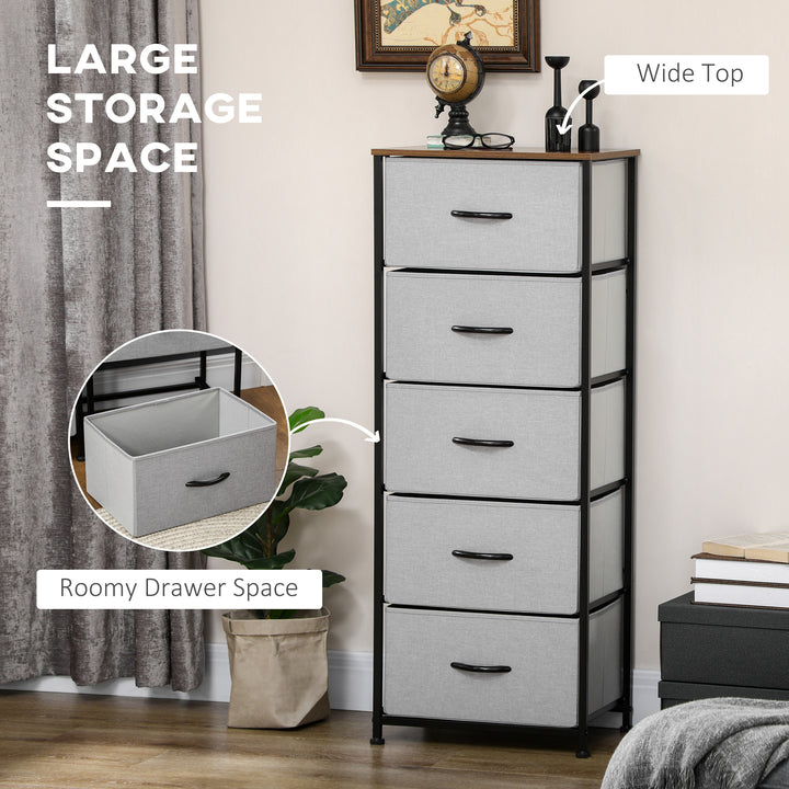 HOMCOM Bedroom Dresser with 5 Fabric Drawers, Industrial Chest of Drawers, Steel Frame with Wooden Top for Nursery, Grey | Aosom UK