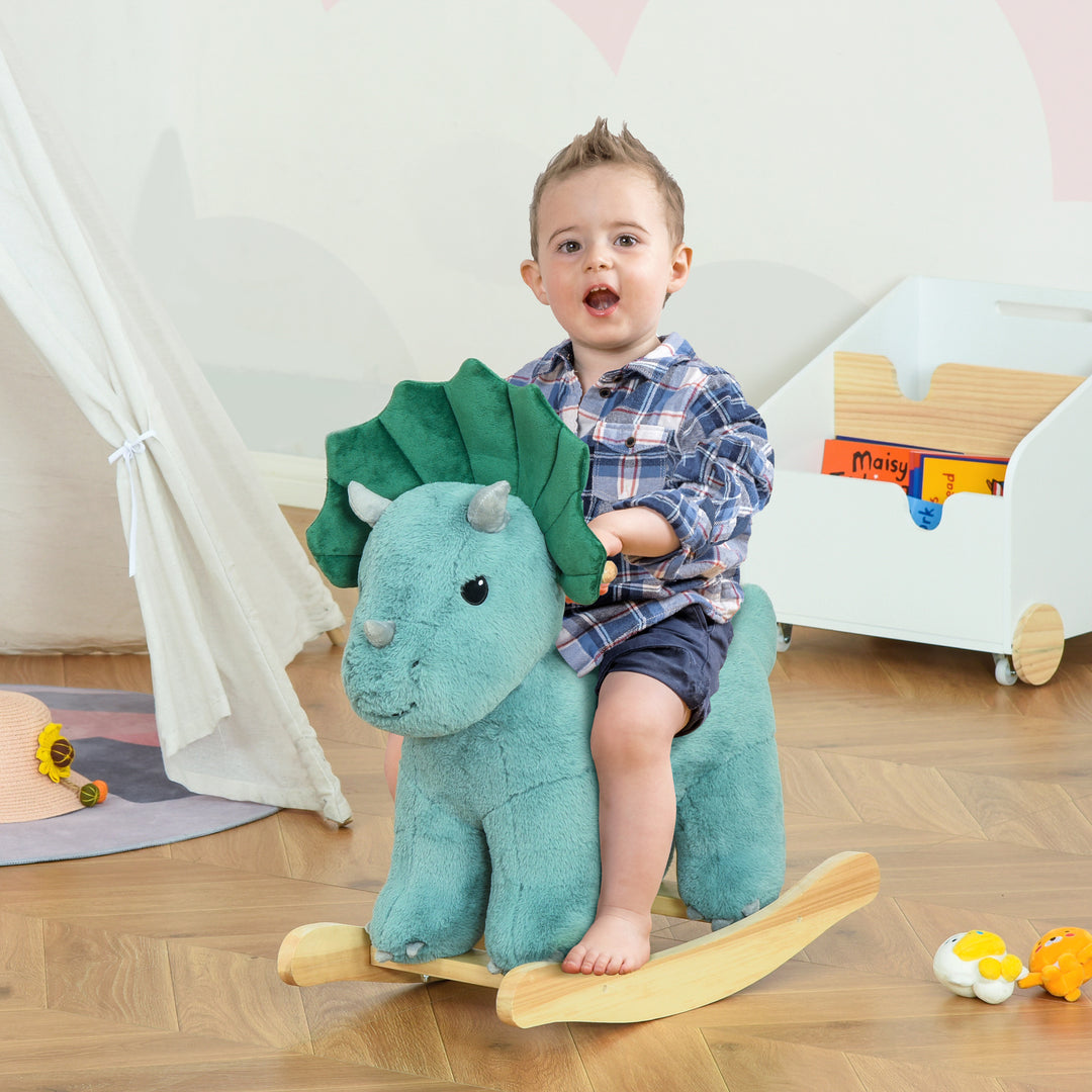 HOMCOM Kids Plush Ride-On Rocking Horse Triceratops-shaped Plush Toy Rocker with Realistic Sounds for Child 36-72 Months Dark Green