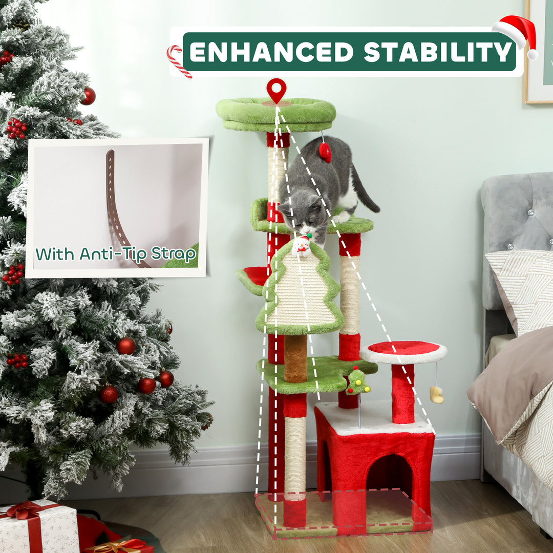 MCL Cat Tree, 120cm Christmas Cat Tower with 3 Scratching Posts, Scratching Board, 2 Perches, Platforms, Toys, Green