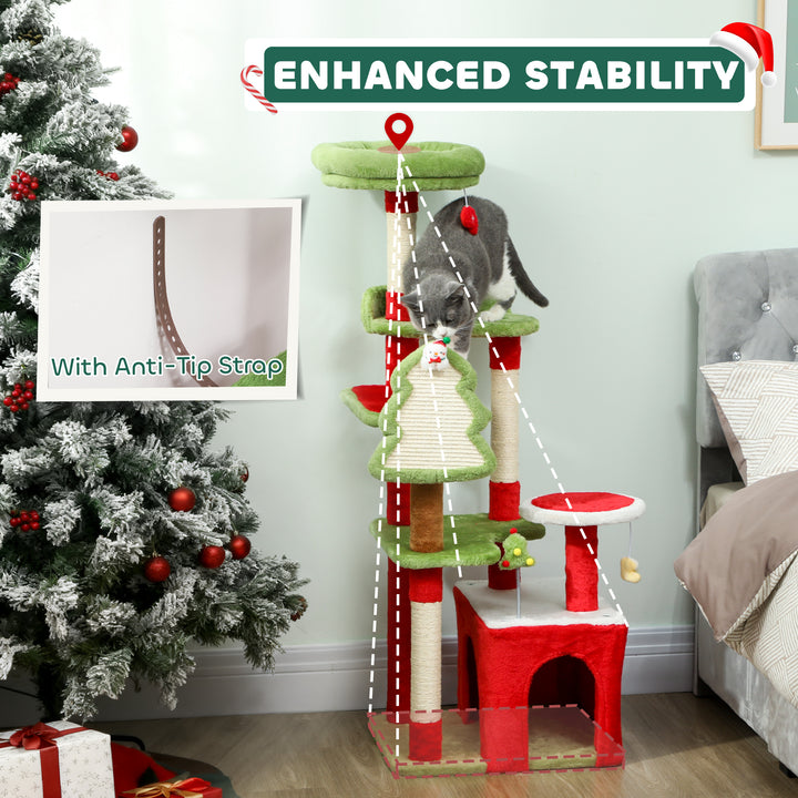 MCL Cat Tree, 120cm Christmas Cat Tower with 3 Scratching Posts, Scratching Board, 2 Perches, Platforms, Toys, Green