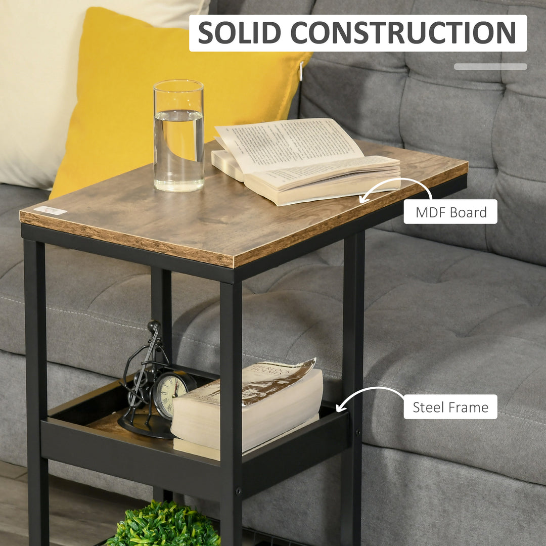 Mobile Sofa Side Table Set of 2, Industrial C-Shaped Rolling Couch Table with 3-Tier Storage Shelving Four Lockable Wheels Steel Frame, Dark Brown