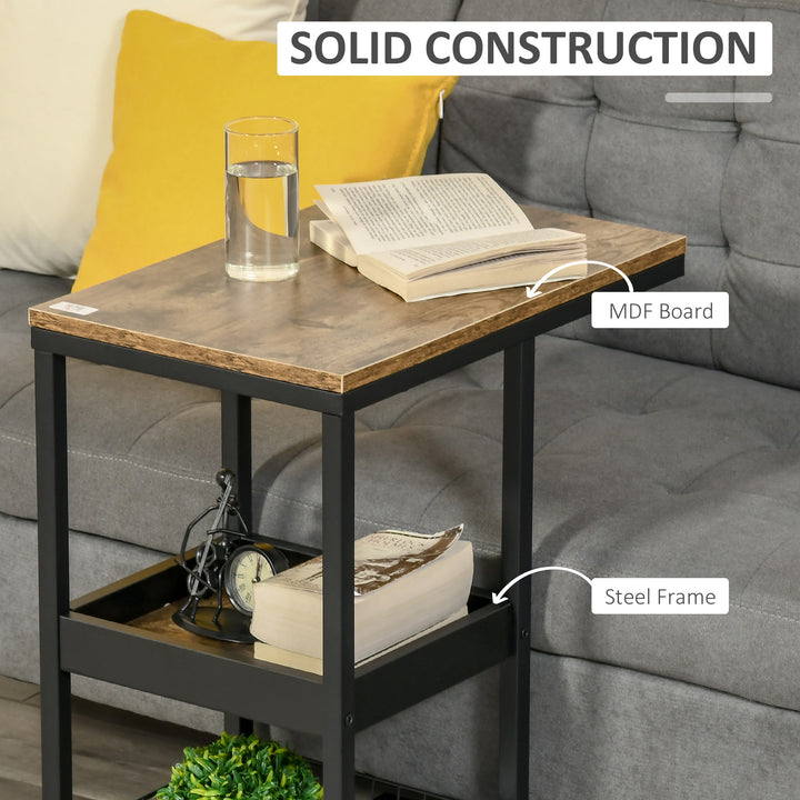 Mobile Sofa Side Table Set of 2, Industrial C-Shaped Rolling Couch Table with 3-Tier Storage Shelving Four Lockable Wheels Steel Frame, Dark Brown