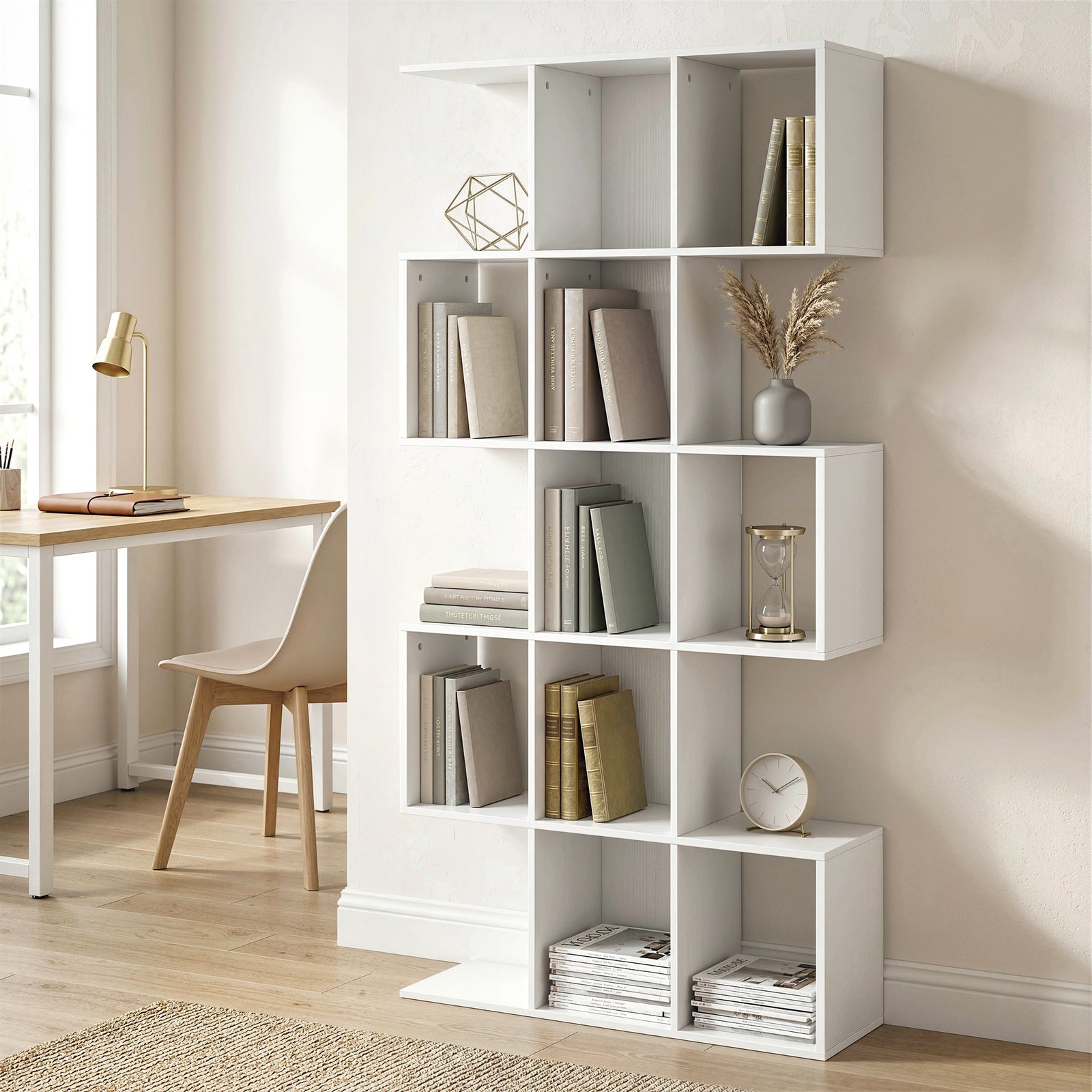 5-Tier Bookshelf, S Shaped Geometric Bookcase with 15 Compartments, Wh