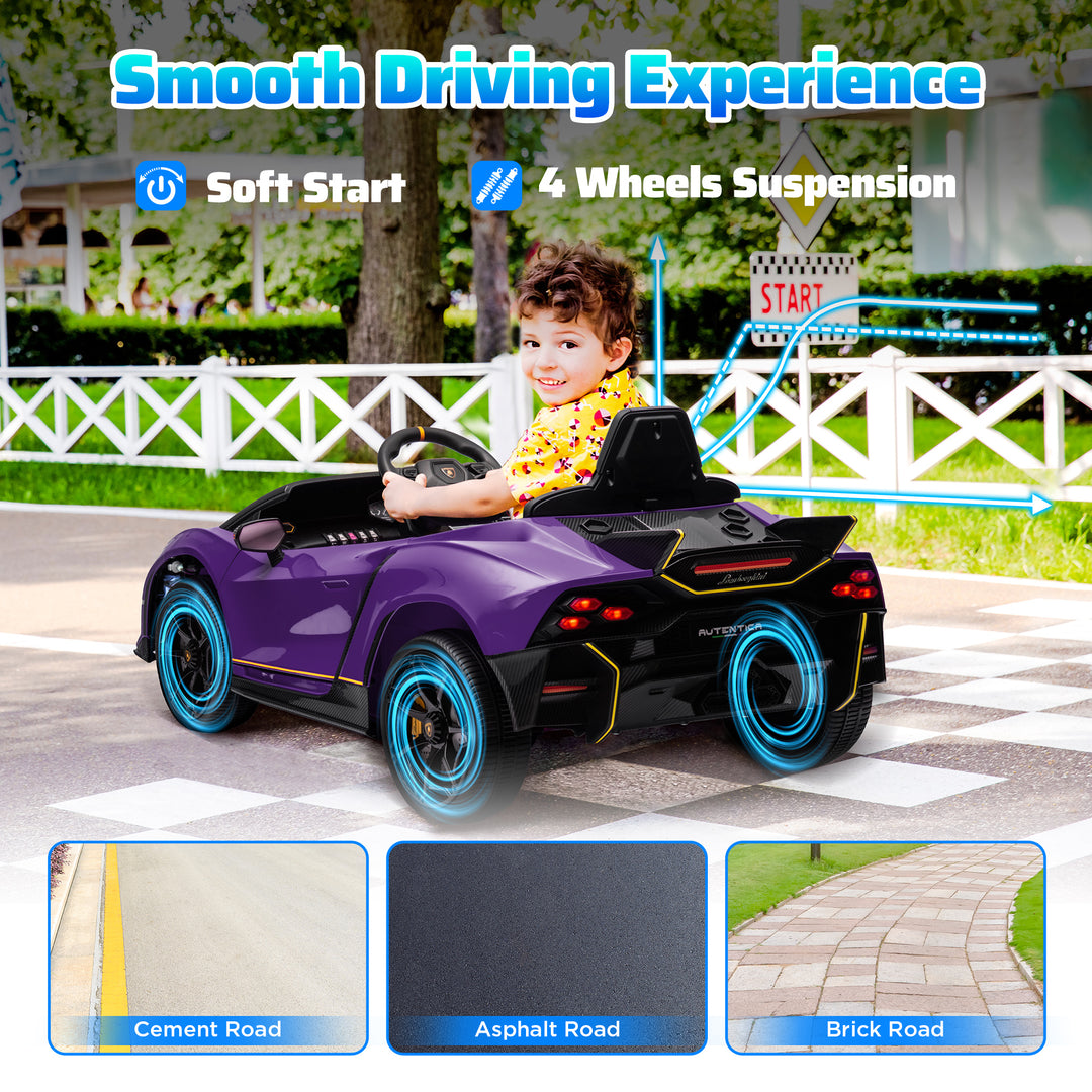 AIYAPLAY 12V Lamborghini Autentica Licensed Kids Electric Car with Remote Control, Four Suspension Wheels, Soft Start, Purple