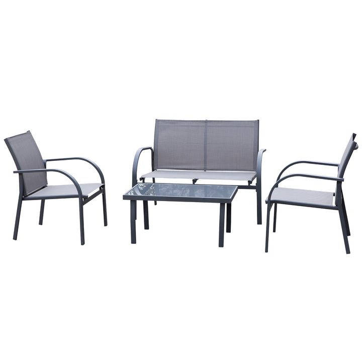 Outsunny 4 pcs Curved Steel Patio Furniture Set w/ Loveseat, Texteline Seats, Glass Top Table For Party Event, Grey | Aosom UK