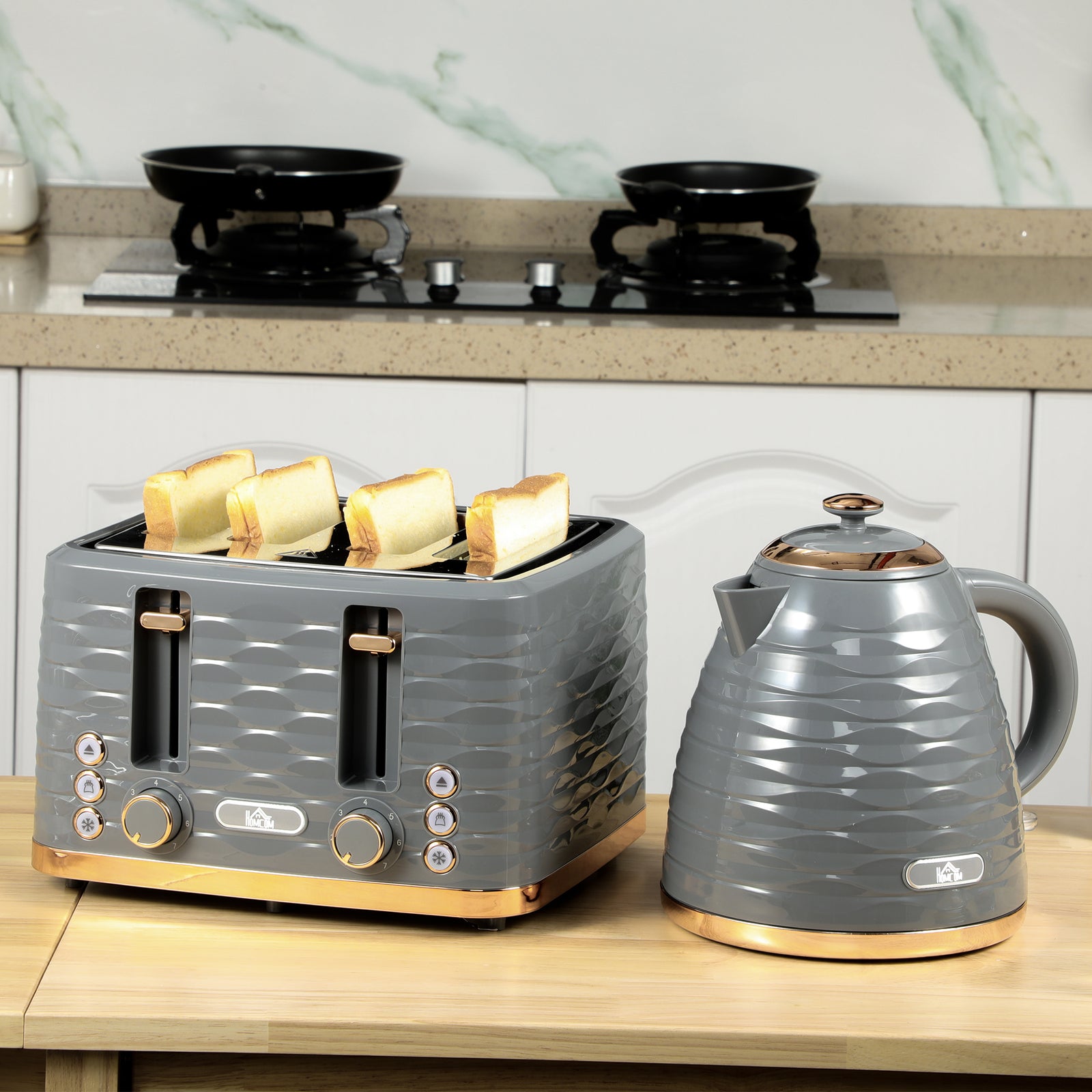 Kettle and Toaster Sets, 3000W 1.7L Rapid Boil Kettle & 4 Slice Toaster with 7 Browning Controls, Defrost, Reheat and Crumb Tray, UK Otter thermostat, Grey