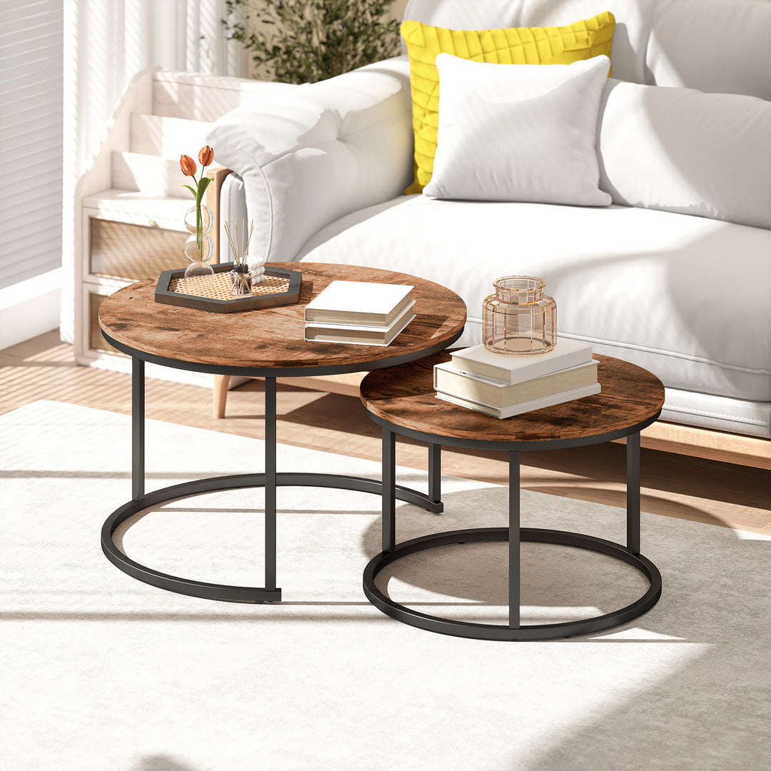 MCL Coffee Table Set of 2, Round Nest of Tables with Metal Frame, Modern Side Tables for Living Room, Rustic Brown