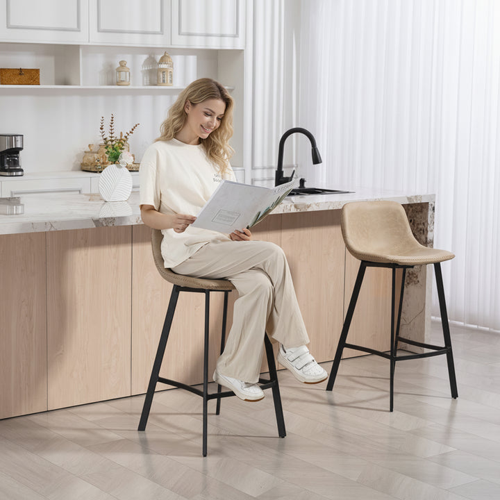 MCL Bar Stools Set of 2, PU Leather Dining Stools with Backrest, Footrest, for Kitchen, Counter, Breakfast Bar, Light Brown