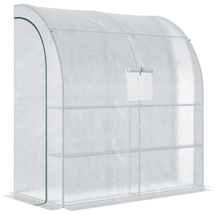 Outsunny Walk-In Lean to Polytunnel Greenhouse with Windows and Doors 2 Tiers 4 Wired Shelves 200L x 100W x 215Hcm White | Aosom UK