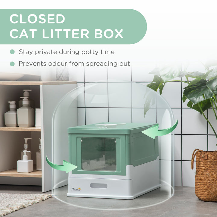 PawHut Enclosed Cat Litter Box with Scoop, Front Entry & Top Exit, Spacious Portable Pet Toilet, 47.5 x 35.5 x 36.7 cm, Green | Aosom UK