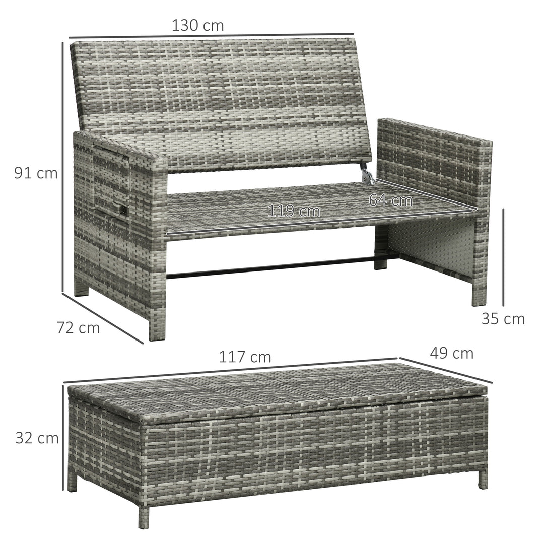 Rattan Garden Daybed, Assembled Double Sun Lounger with 5-Level Adjustable Back, Storage Ottoman, Cushions, Pillows and Retractable Trays, Outdoor Loveseat Sofa Bed for Patio, Mixed Grey