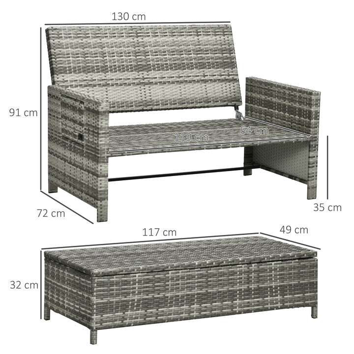 Rattan Garden Daybed, Assembled Double Sun Lounger with 5-Level Adjustable Back, Storage Ottoman, Cushions, Pillows and Retractable Trays, Outdoor Loveseat Sofa Bed for Patio, Mixed Grey