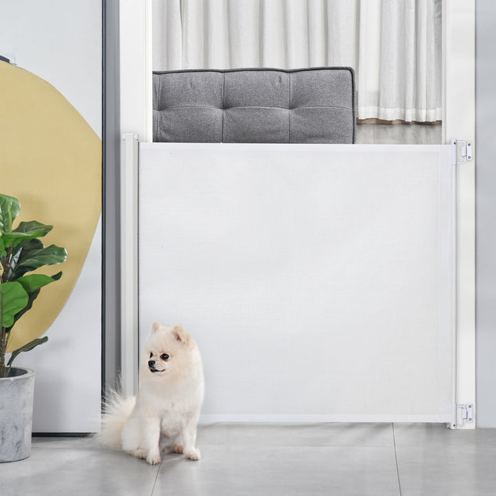 PawHut Retractable Stair Gate, 115 x 82.5 cm, White, Dog Pet Barrier for Doorway, Stair, Hallway | Aosom UK