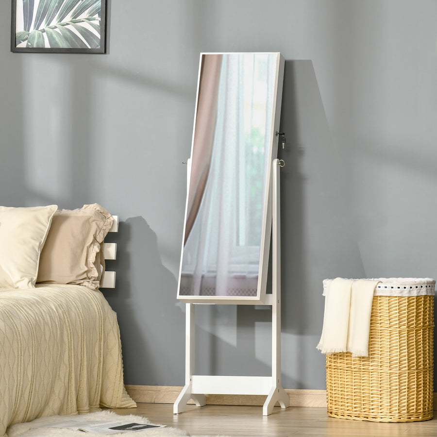 Full Length Mirror with Storage, Jewellery Cabinet with Mirror, Adjustable Angle and Stand, Lockable Jewellery Organiser for Bedroom Dressing Room, White