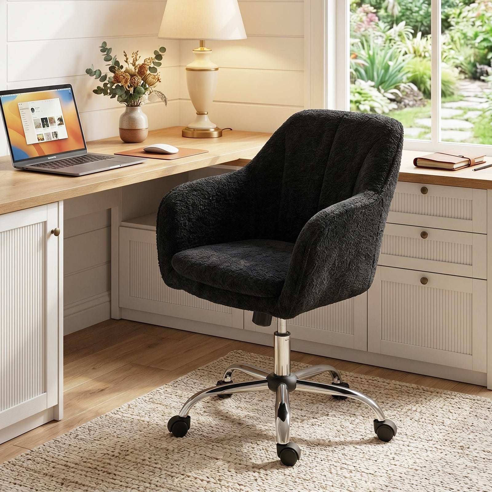 Modern Makeup Vanity Chair, Snow Flannel Office Chair with Tub Back, B