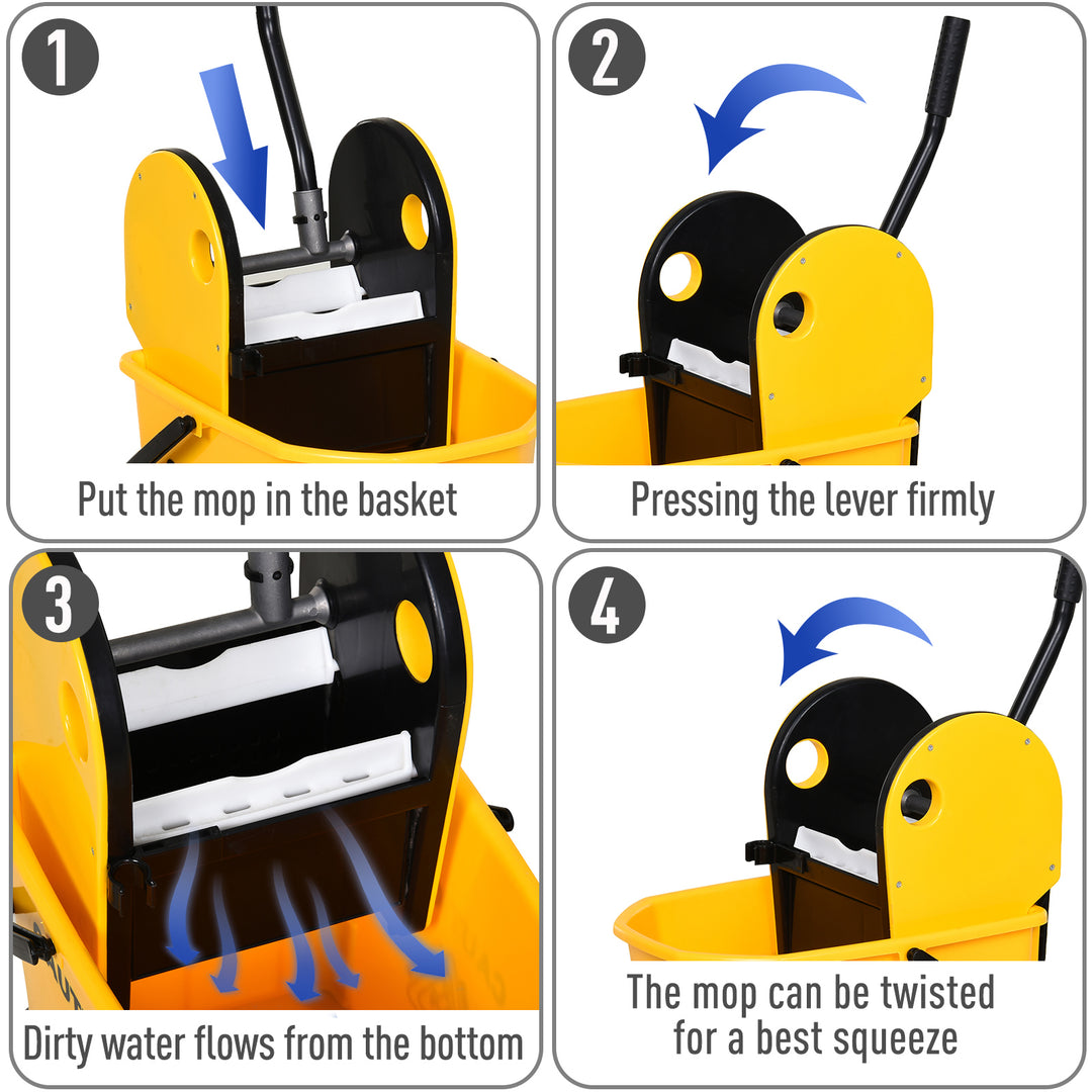 HOMCOM 26L Mop Bucket & Water Wringer w/ 4 Wheels Plastic Body Metal Handle Pole Holder Home Commercial Cleaning Floor Cart Yellow | Aosom UK