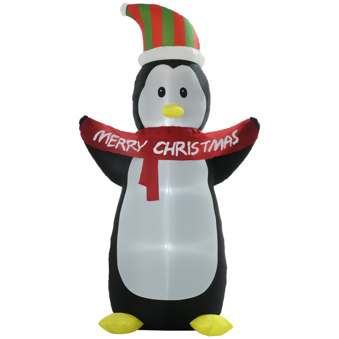 8ft Inflatable Penguin & Christmas Banner Decoration w/ Inner LED Lights Indoor Outdoor Weather-Resistant Shell Fun Cute