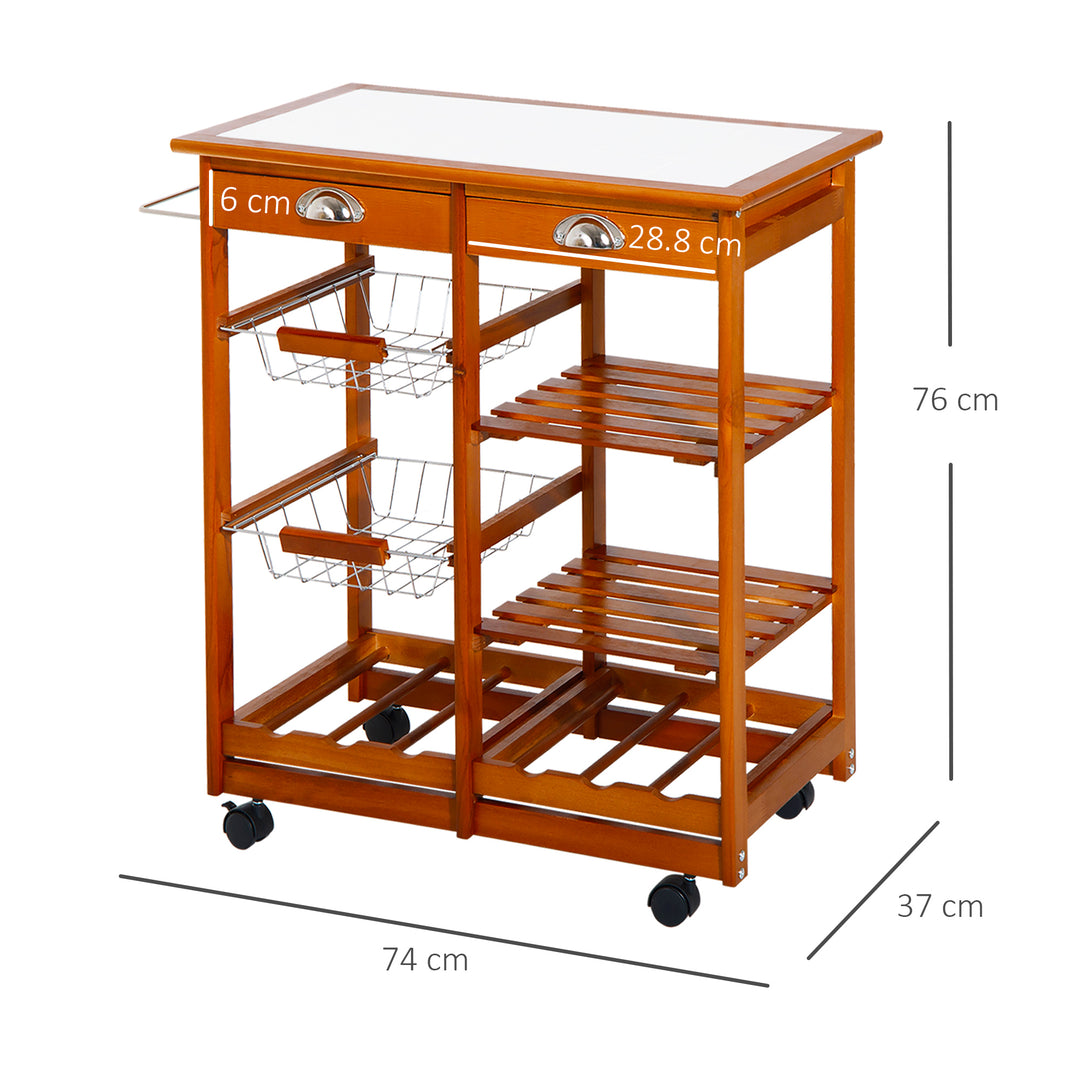 Rolling Kitchen Island Trolley Cart Drawer Shelves Basket Wheels W/ 6 Bottle Wine Rack, Honey Colour