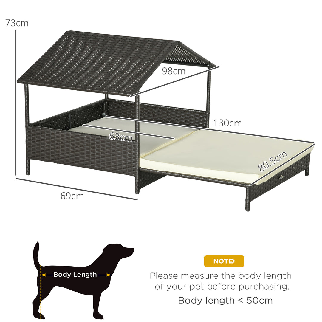Extendable Elevated Dog Bed, Rattan Dog House, with Water-Resistant Roof, Removable Cushion, Cream
