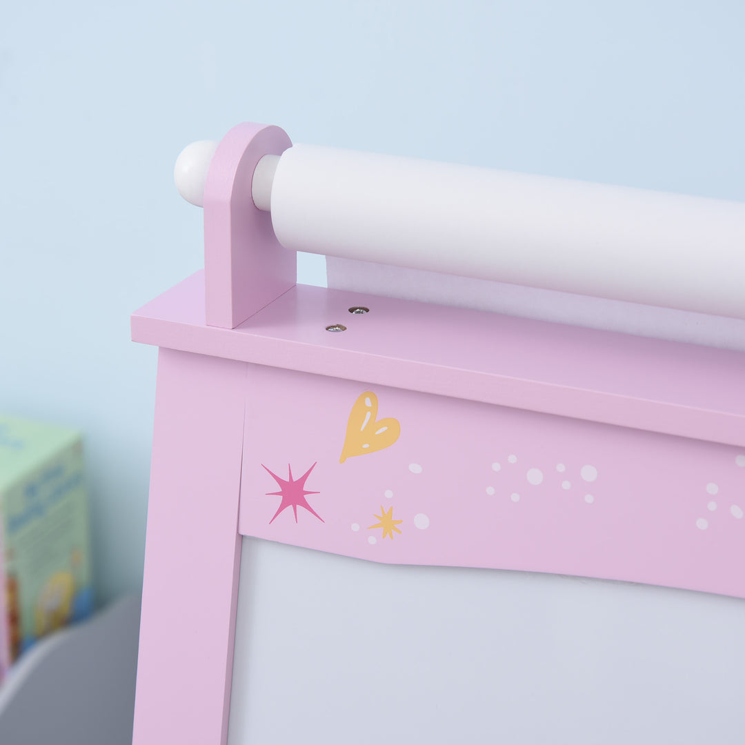 MCL Kids Easel 3 in 1 Wooden Art Easel with Paper Roll Double-Sided Chalkboard & Whiteboard with Storage Baskets for Toddler Girls, Pink