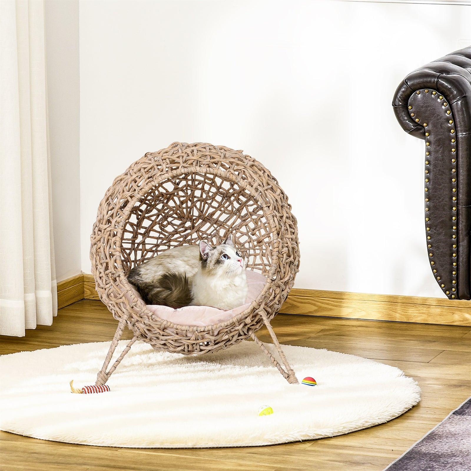 Wicker Cat Bed, Ball-Shaped Rattan Elevated Cat Basket with Three Tripod Legs, Cushion - Natural Wood Finish