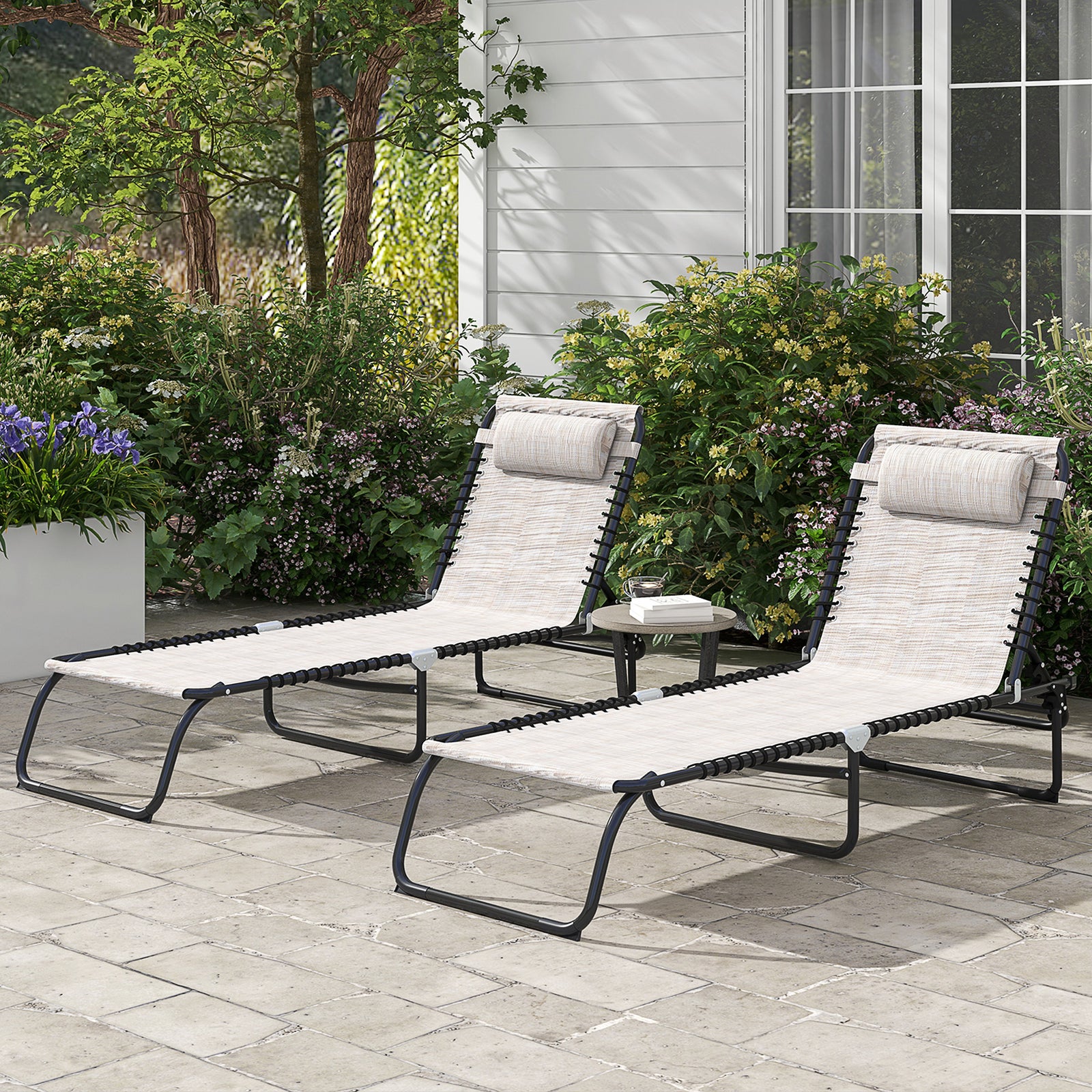 Set of Two Folding Sun Loungers, with Four-Position Backs - Cream