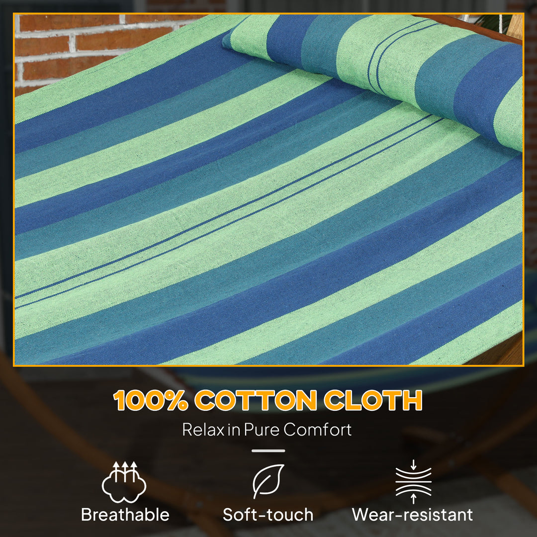 Outdoor Hammock with Stand, Garden Hammock with Triple-Head Eucalyptus Wood Arc Frame, 1 Person Cotton Bed and Head Pillow, Freestanding Garden Swing Bed for Patio, Blue Stripe